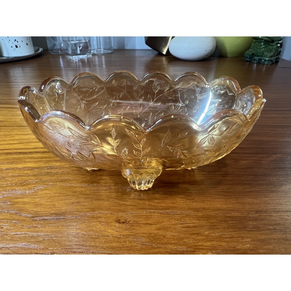 Vintage Jeanette Floragold Carnival Glass Scalloped Footed Oval Bowl